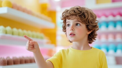 Child pointing to a colorful display of candies and chocolates in a whimsical store with pastel decor 