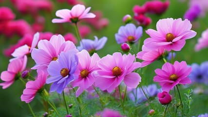 Fototapeta premium Vibrant blooming flowers in various shades of pink and purple