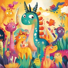 Colorful Fantasy Creatures Gather in a Vibrant Garden