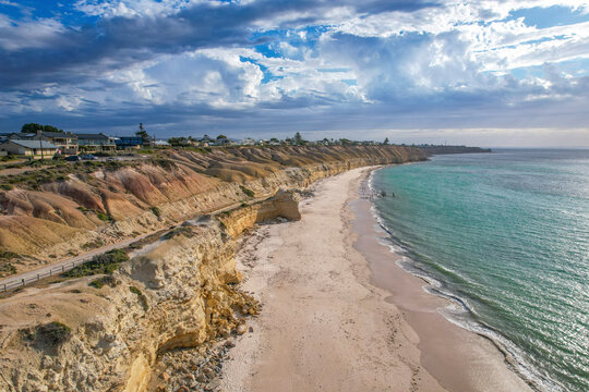 Aerial view of port willunga beach with old jetty pylons and star of greece shipwreck, adelaide, south australia.