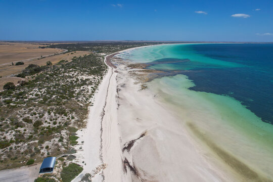 Aerial view of beautiful Hardwick Bay and Longbottom Beach with serene coastline and tranquil water, Yorketown, Australia.