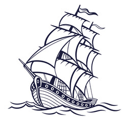 An old wooden ship rests on calm waters—simple, strong, and timeless. Its silhouette against the horizon captures a sense of history, adventure, and quiet resilience. 