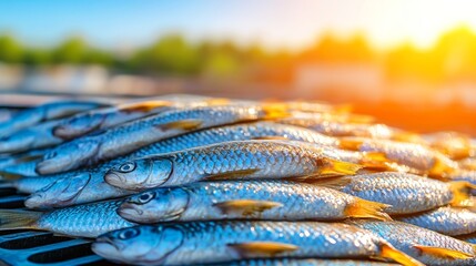 Close up of fish scales shimmering under bright sunlight on market stall seafood freshness emphasized rustic charm in the background 