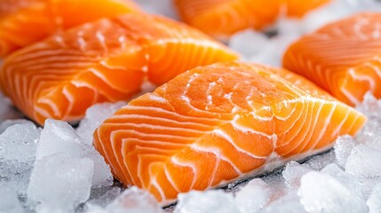 Close up of salmon fillets with their bright orange hue resting on crushed ice in a traditional fish market chilled freshness emphasized 