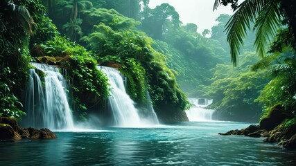 Fototapeta premium Lush tropical waterfall surrounded by vibrant greenery and calm waters