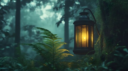 Enchanted Forest Lantern: A flickering lantern hangs from a tree branch, its soft glow illuminating the mystical and fog-shrouded forest. The image evokes a sense of wonder and mystery. 