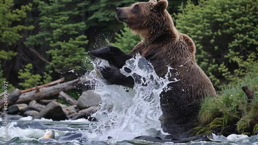 Poster a dynamic shot of a grizzly bear rearing up on its hind legs to catch salmon leaping upstream during