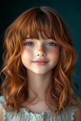 Young girl with wavy red hair and freckles smiles warmly against a dark background in a close-up portrait