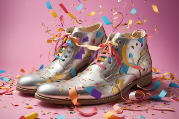 Celebratory Silver Boots Overflowing with Colorful Confetti on Vibrant Pink Background