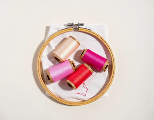 Embroidery hoop, pink threads and fabric on table, top view