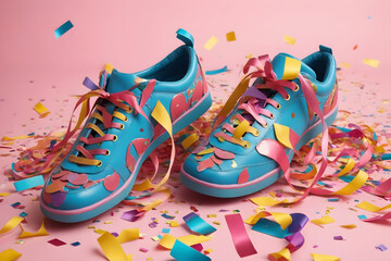 Turquoise Sneakers Bursting with Colorful Confetti on Celebratory Pink Background