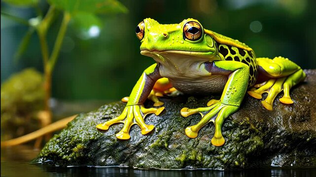 Vibrant green frog perched on mossy rock by tranquil water under soft sunlight in a lush tropical setting