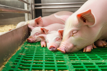 Three Piglets and Adult Pig Sleeping in Cage