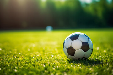 Fototapeta premium A soccer ball on freshly cut grass with a blurred goalpost in the background