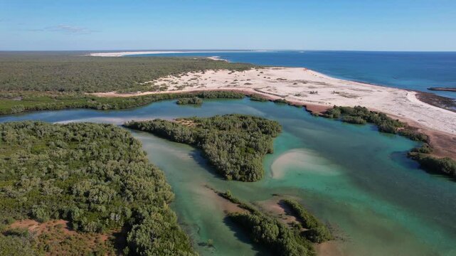Aerial view of ngamakoon creek with lush forest and beautiful beach, dampier peninsula, kimberley region, australia.