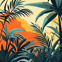 Tropical Leaves Sunset Backdrop Vivid Colors