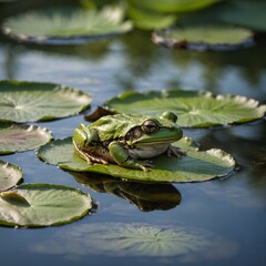  Frog Sitting on a Water Lily Pad. Frog in the water. 