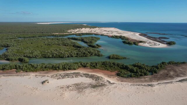 Aerial view of pristine Ngamakoon Creek winding through lush forest and coastline, Dampier Peninsula, Kimberley Region, Australia.