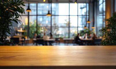 Wooden Table in a Blurred Modern Cafe Setting