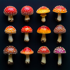 Twelve Amanita Muscaria Mushrooms in Grid Arrangement