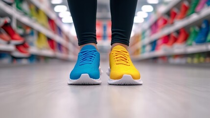 Shopper trying on colorful running shoes in a bright athletic store wall lined with motivational posters and sports gear 