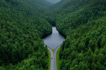 In Finland, an aerial perspective captures an asphalt road with cars, a blue lake, and green woods