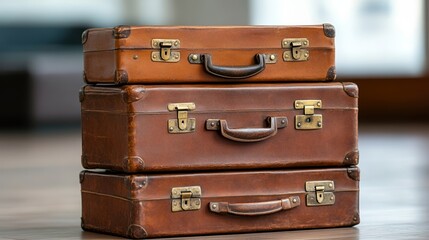 Stack of aged leather suitcases with brass buckles resting on rustic floor perfect for vintage travel themed shopping decor warm earthy tones 