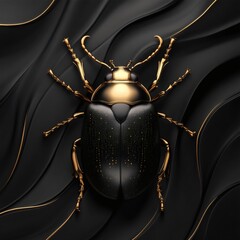 Stunning highresolution 3D image of a black beetle showcasing golden contours that rise in relief Set against a deep black background the colors create a dramatic visual contrast