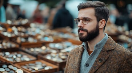 Traveler browsing unique antiques at a vintage market rustic wooden crates filled with old maps and brass compasses nostalgic charm 
