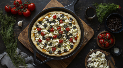 Homemade feta, olive, and tomato pizza in cast iron skillet.