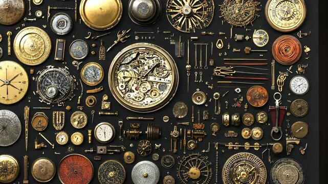 Collection of intricate clock gears and mechanisms arranged artistically on a dark background