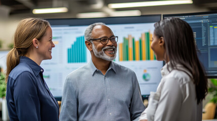 Colleagues discussing project updates in a modern office setting during business hours