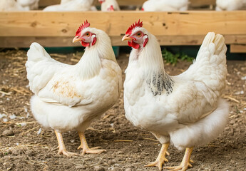 Fototapeta premium Two White Hens in Outdoor Enclosure