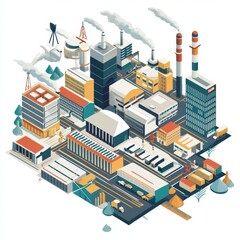 Fototapeta premium Isometric Industrial Cityscape with Factories, Warehouses, Power Plants, and Transportation Infrastructure