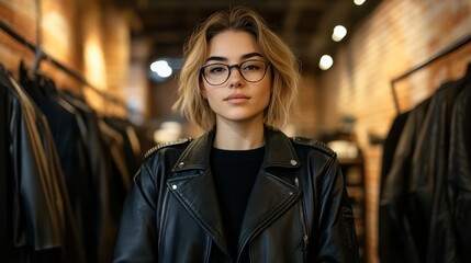 Fototapeta premium Woman inspecting the care label on a black leather jacket industrial style shop with brick walls and bold lighting 