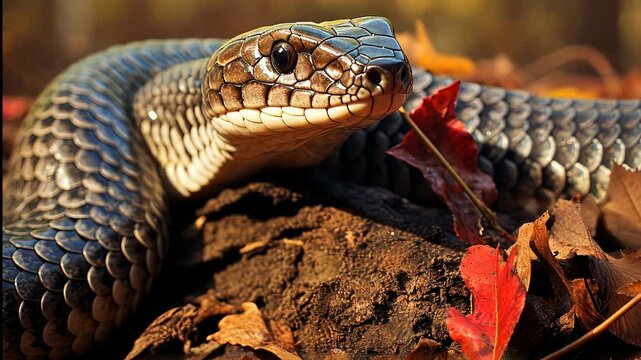 A close encounter with a stunning black mamba among colorful autumn leaves in the wild