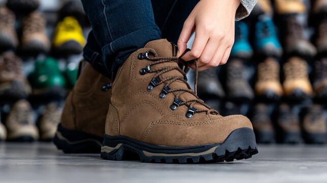 Woman kneeling to lace up a pair of chunky hiking boots with a wall of outdoor footwear behind her earthy tones in the space  - Powered by Adobe