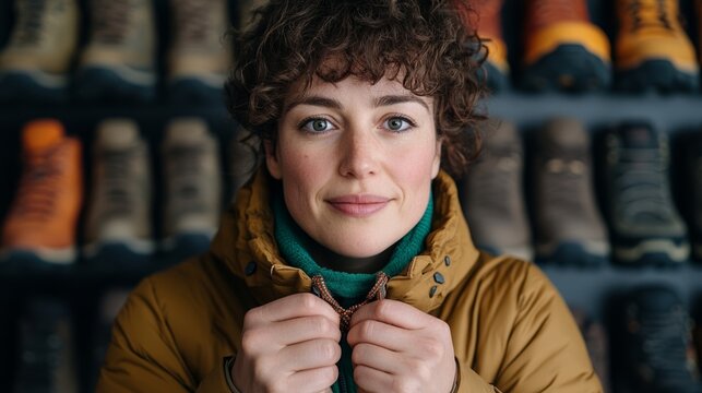 Woman kneeling to lace up a pair of chunky hiking boots with a wall of outdoor footwear behind her earthy tones in the space 