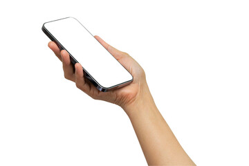 Asian woman holding smartphone in hand with blank screen isolated on white background with clipping path.