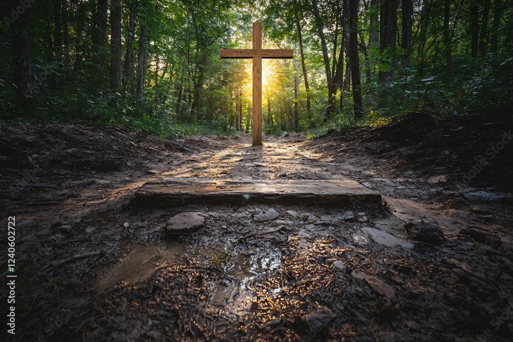 Sticker  cross under a canopy of trees