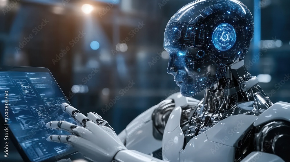 Poster futuristic robot analyzing data on a digital screen in lab