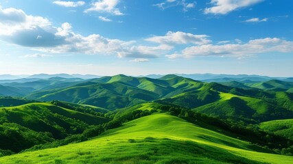 Fototapeta premium Vast green hills under a clear blue sky, serene and tranquil landscape