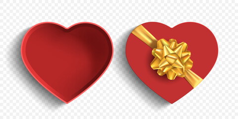 Gift box in the shape of a heart with golden bow. Template isolated on a transparent background. Vector mockup