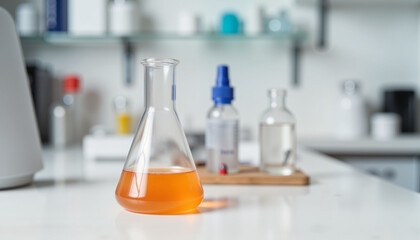 Minimalist Erlenmeyer flask filled with orange liquid on a lab bench, scientific exploration