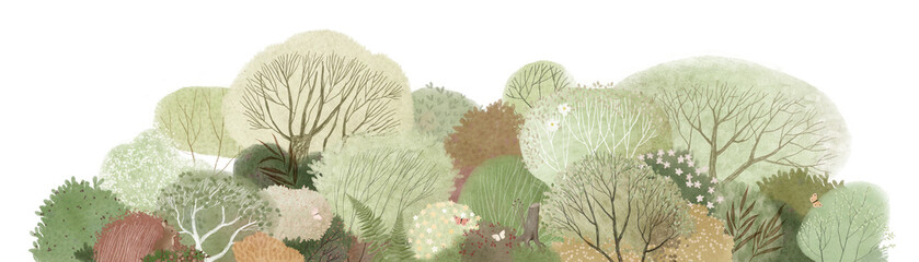 Green landscape, cute forest, flowers and butterflies. Watercolor illustration. Decor for children's room. Banner.
