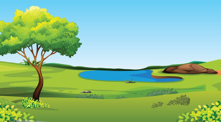 Fototapeta premium Beautiful vector illustration of a landscape, green meadows, fields, trees and mountains. Beautiful landscape of mountains, forests and meadows at sunset. Beautiful landscape for print and design.