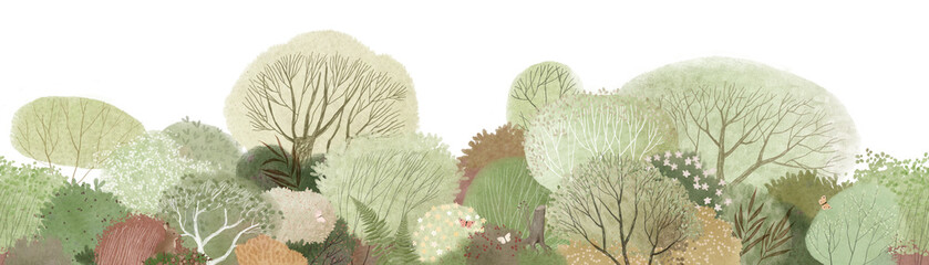 Green landscape, cute forest, flowers and butterflies. Watercolor illustration. Decor for children's room. Banner. Horizontal seamless pattern.