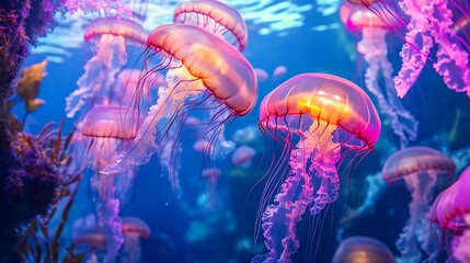 A close-up of pink jellyfish swimming in a blue aquarium