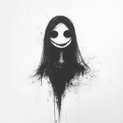 Dark ink sketch of a creepy girl with hollow eyes and eerie smile