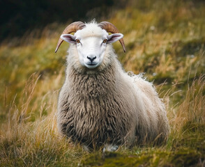 Obraz premium White-Faced Ram in Grassland